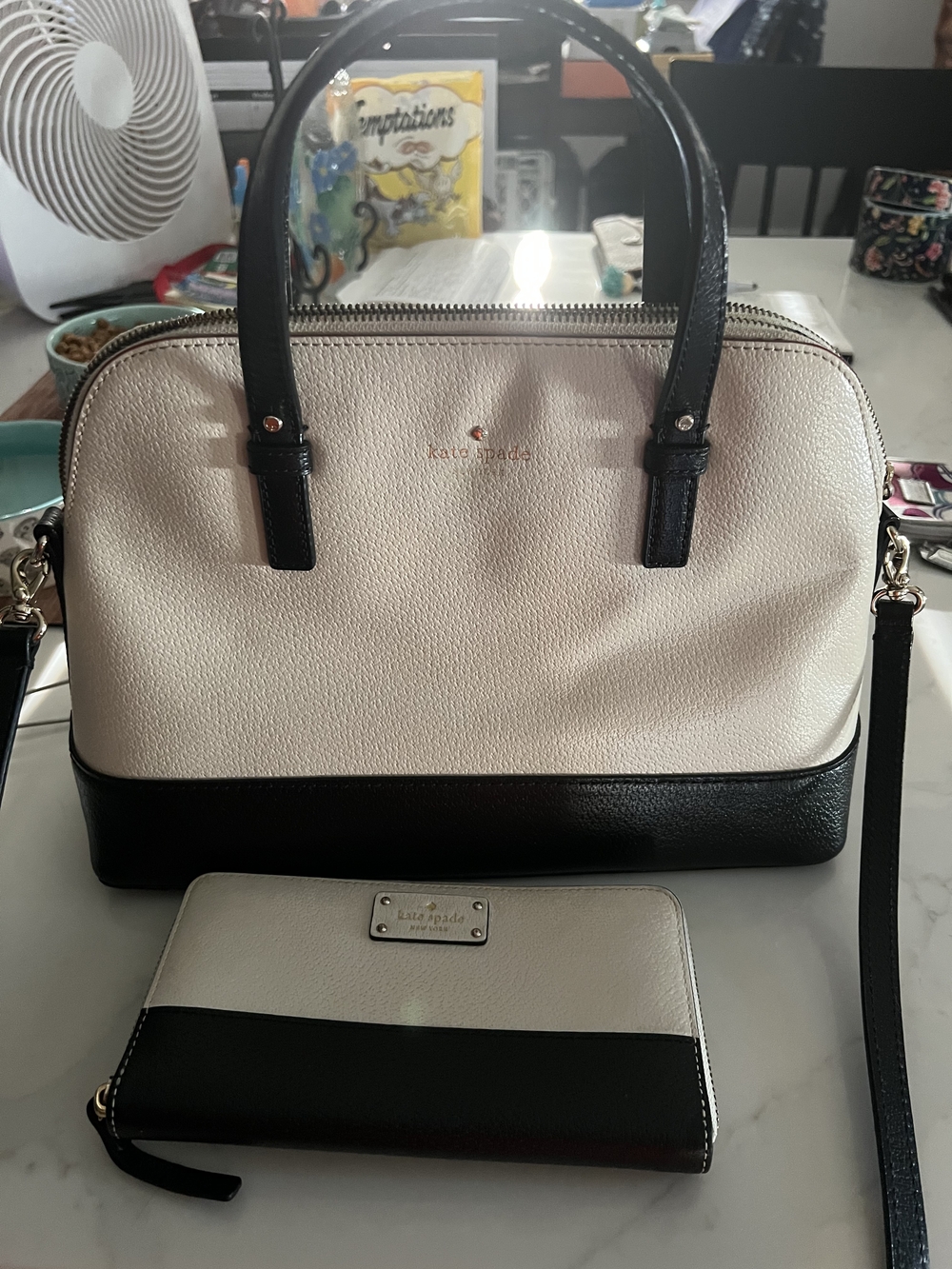 Kate Spade Two-Tone Cream and Black Dome Satchel With Crossbody Strap And Wallet